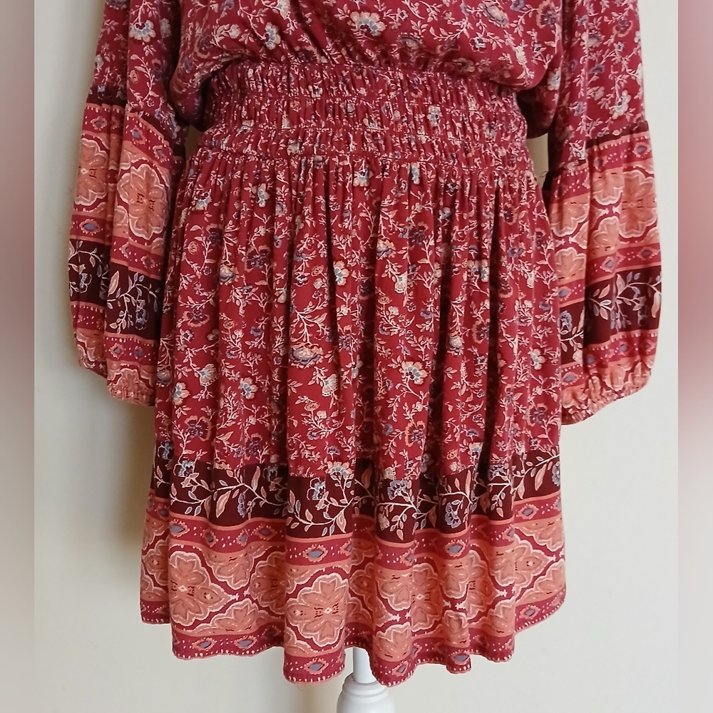 American Eagle Red and Orange Long Sleeve Floral Boho Mini Dress - Picture 3 of 12